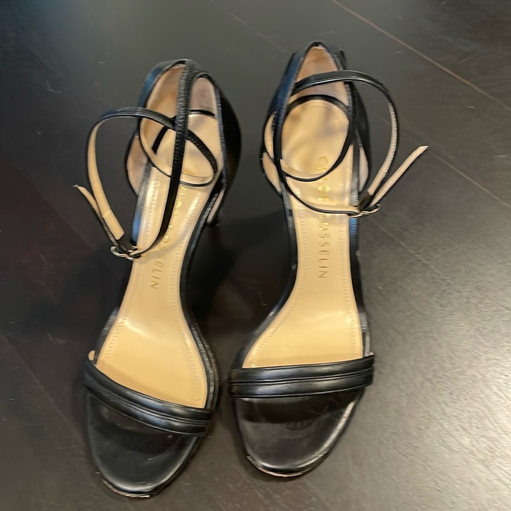 Chloe Gosselin 3.5” black ankle strap heel